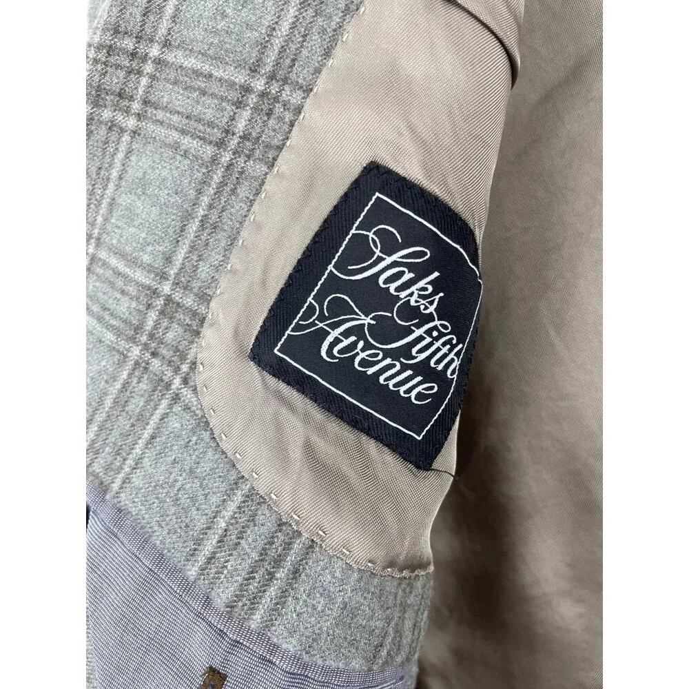 Loro Piana Saks Fifth Mens 44R Cashmere Silk Plaid Neutral Blazer Sport Coat